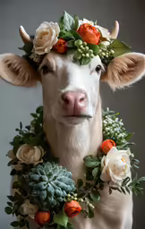 a very cute cow with some pretty flowers on its head