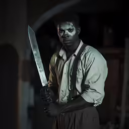 a man holding a large knife in an alley