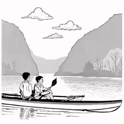 a man and woman sit in a boat in the water