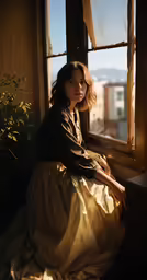 a woman sitting on a window sill looking outside