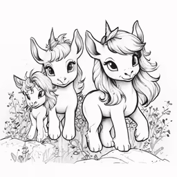 two cute little ponys with big eyes standing in the grass