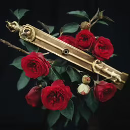 a bunch of roses with some gold chains