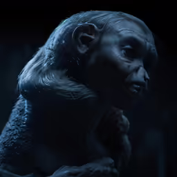 a close up of a monkey in the dark with only his face visible