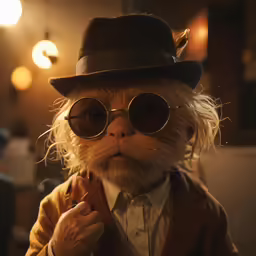 a furry cat wearing round glasses and a brown jacket