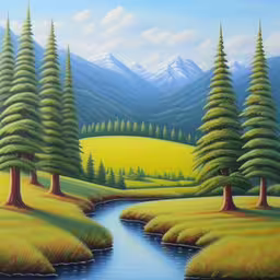 a painting of a river flowing between two mountains,a painting of a scenic mountain river scene
