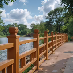 the yellow fence is near the water and trees