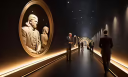 people in a tunnel with sculptures in the wall