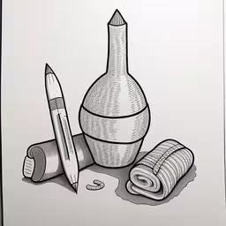 a black and white sketch of an object,a pen is near a vase and some fabric