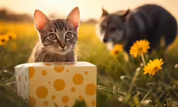 a cat sitting next to a can on a field