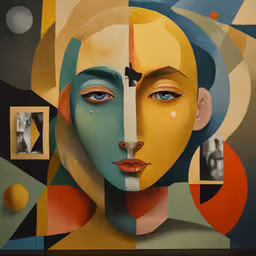 a painting depicting the faces of different people,a large painting of a woman with different colored parts