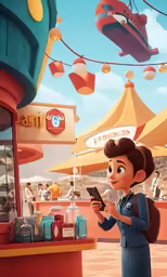 the girl is standing at the counter with her phone