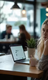 a woman sitting at a table with a laptop