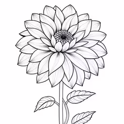 a sunflower with leaves drawn on the side,black and white drawing of a sunflower