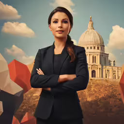 a young woman in a black jacket, leaning her arms folded while standing near an image of a large building