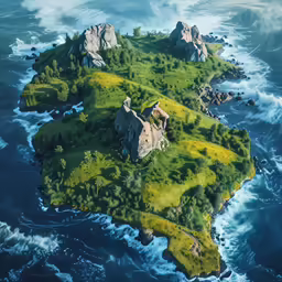 an island in the ocean with many green shrubs