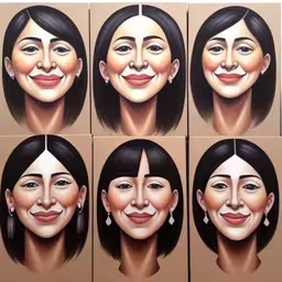eight identical pictures of women of different facial shapes and skin types,four portraits of smiling women with faces painted in pastel colors,various women with different facial expressions drawn in photoshopped,six portraits of people on display each one depicts different emotions,various faces of people with different facial features