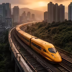 the yellow train is passing on the train tracks