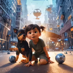 a kid is sitting next to a little dog