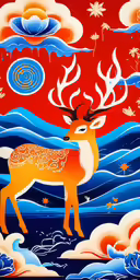 an art work depicting a deer with red, blue and pink flowers