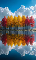the trees are changing colors next to the lake