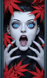 the woman with blue eyes is holding red leaves
