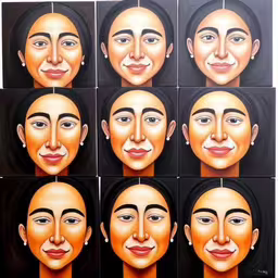 a bunch of many facial paintings that are shown on a black surface,several portraits of a woman in different poses,a close up of many different faces on a wall,six paintings of people