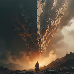a man walking towards a huge creature rising above them