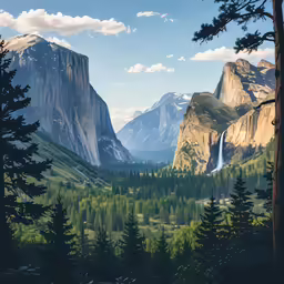 a mountain range with a river surrounded by forest and trees