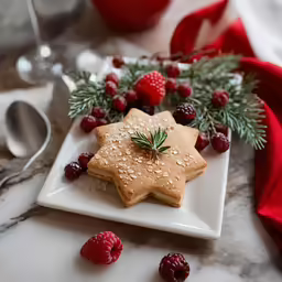 a white plate with a cut out star and berries