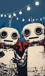 two robot like toys are posed for a photo