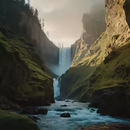 a waterfall is shown between green hills and a river