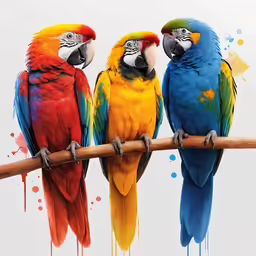 three colorful parrots sitting on a wooden branch