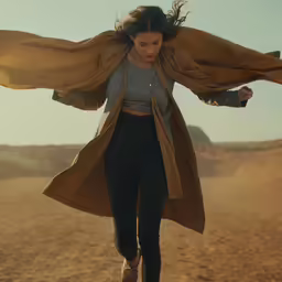 a woman with her arms stretched out and wearing a coat
