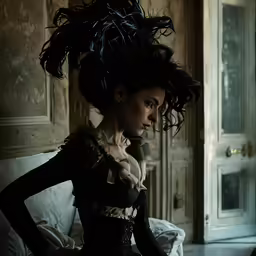 a woman that is standing near a wall with a big hair