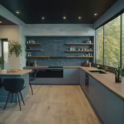 a large kitchen with a wooden floor and a long counter
