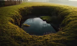 an open hole is shaped by some water and grass