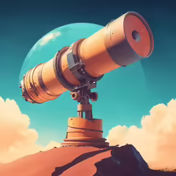 a telescope is sitting on top of a rock under a bright blue sky