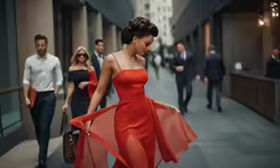 a woman in a red dress walking down the street