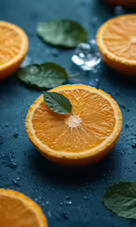 an orange cut in half with leaves on top