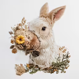 a little goat holding a flower with its mouth