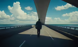 a man stands on the side of a bridge facing the ocean