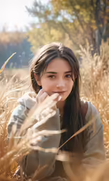 a pretty young lady sitting in tall grass with her finger on her mouth