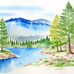a painting of a scenic view of a lake, mountains and forest,watercolour of a beautiful landscape with a lake and mountains,a picture of watercolors of trees and a lake,a painting of water surrounded by mountains,a painting that depicts some trees and water