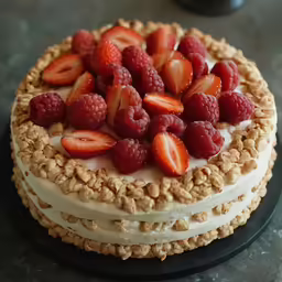a cake topped with fresh strawberries on a table