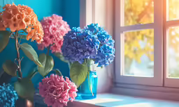 some pretty colorful flowers in small blue vases