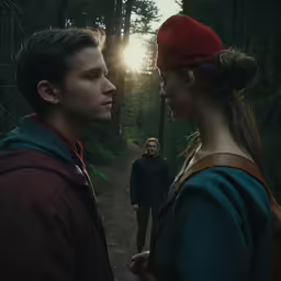 a young man standing next to a woman as the sun sets in the forest