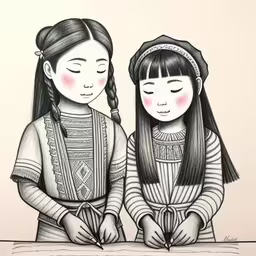 two asian girls sitting on a bench, one writing,two asian girls wearing native dress writing and drawing