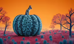 the cat is sitting on top of a big pumpkin