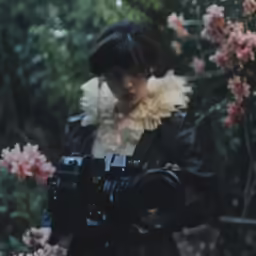 a woman holds up a camera in front of a flower garden