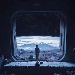 a man is looking out of the window of a space station
